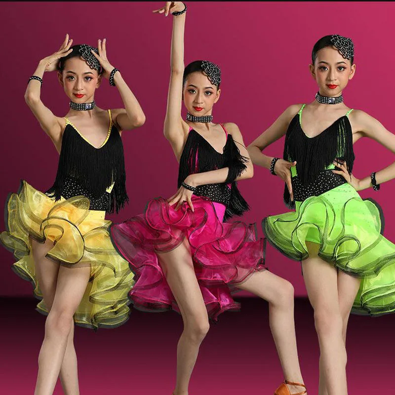 Agoky Kids Girls Lyrical Dance Dress V-Neck Sequined Irregular High-Low Skirt Latin Ballroom Dancing Costumes 