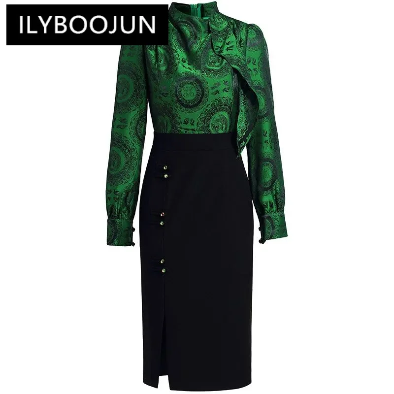 

ILYBOOJUN Fashion Women's New Stand-Up Collar Long-Sleeved Patchwork Slim-Fit Jacquard Hip Wrap Vintage Elegant Split MIDI Dress