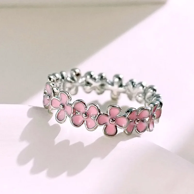 

New Simple Fashion Copper Ring Pink Flower Drip Oil Ring Female Romantic Wedding Proposal Band
