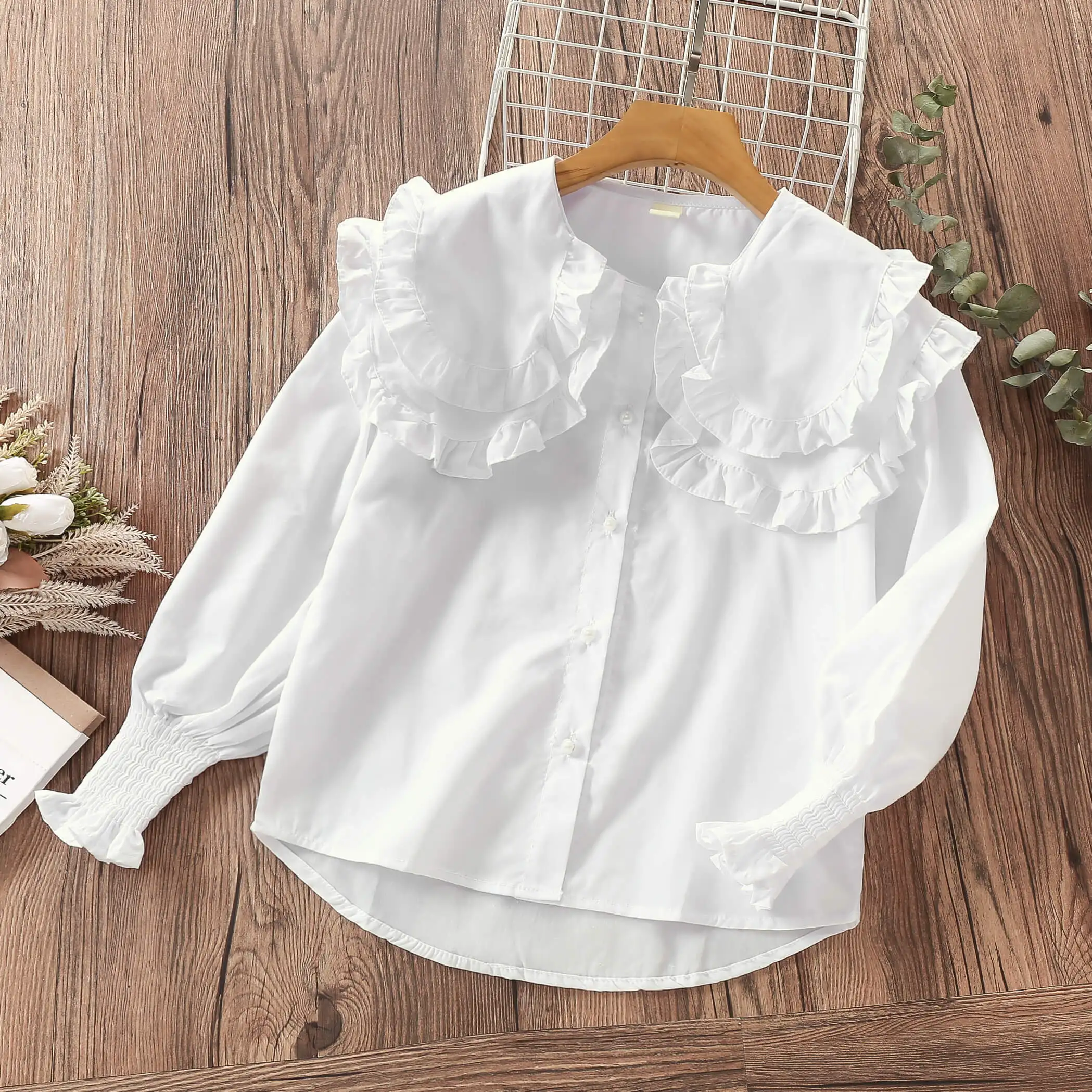 Girls Ruffled Shirt Kids White Clothes Teenagers Preppy Blouse Fashion Infant Tops School Uniforms Shirts Long-Sleeve Clothing