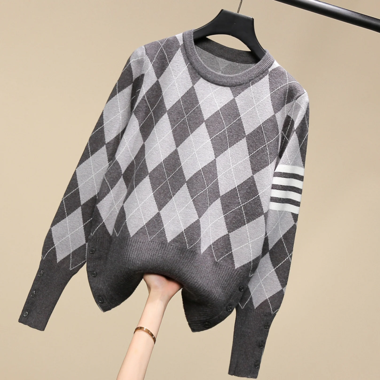 

tbdiamond lattice jacquard round neck pullover women all-match slim long-sleeved bottoming sweater autumn and winter new