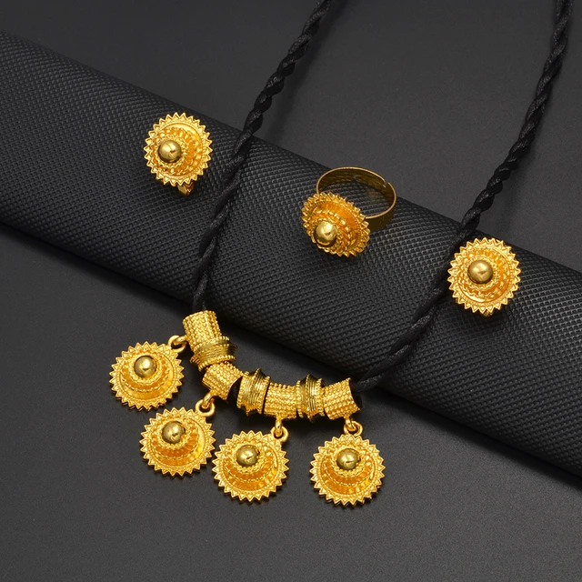 Anniyo New Ethiopian Jewelry Sets Black Rope Earrings Rings African Ethnic Eritrean Habesha Engaged Accessories #195716 1