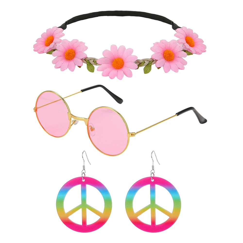 60s 70s Hippie Accessories Kit Flower Headband Red Sunglasses Peace Earrings for Halloween Costume, Woodstock Themed Party, Cosp - 5