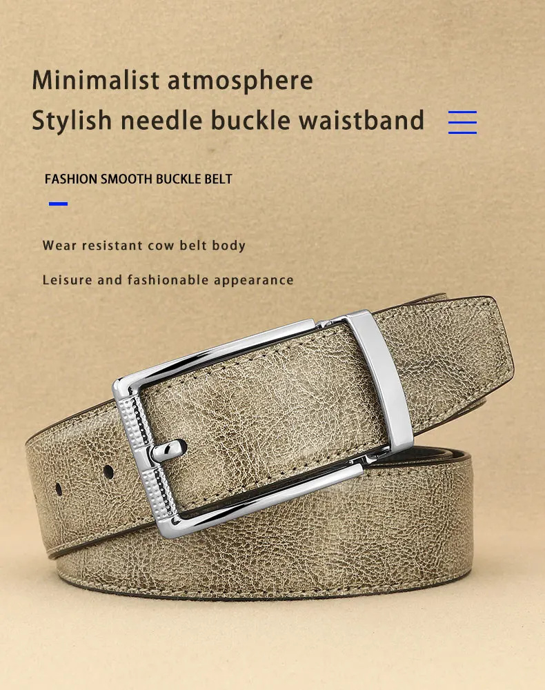 Designer Pin Buckle Gray Genuine Leather Men Belt Famous Brand Fashion Light Luxury Strap Casual Young Cowboy Ceinture Homme