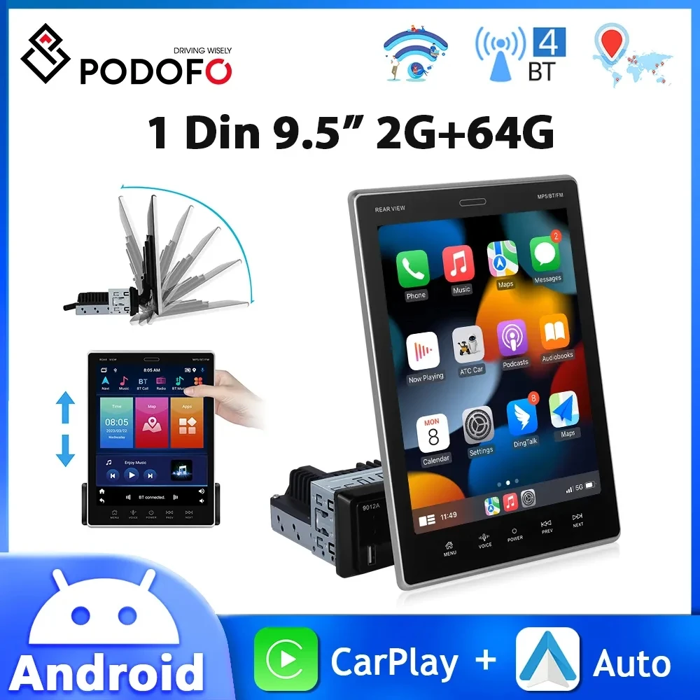 

Podofo 9.5''/10.4'' 1Din Car Radio 2+64G Multimedia Player Carplay Android Auto Vertical Screen WIFI GPS Bluetooth Autoradio