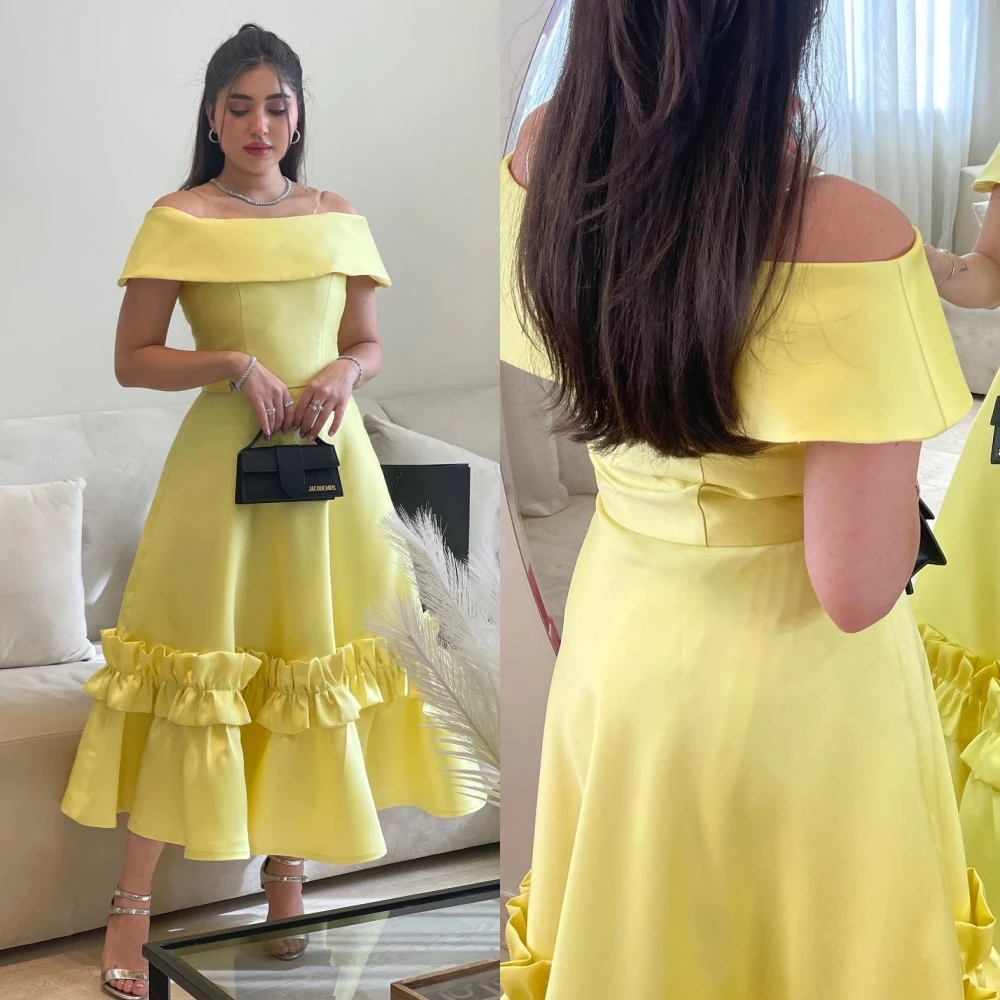 Prom Dress Saudi Arabia Satin Draped Ruffles Pleat Cocktail Party A-line Off-the-shoulder Bespoke Occasion Gown Midi Dresses