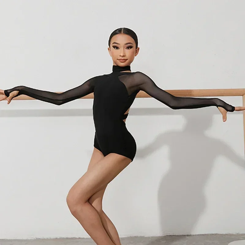 Black Latin Dance Clothing Jumpsuit Girls Long Sleeves Leotard Latin Tops Ballroom Dance Performance Wear Cha Cha Bodysuit Child dance dress
