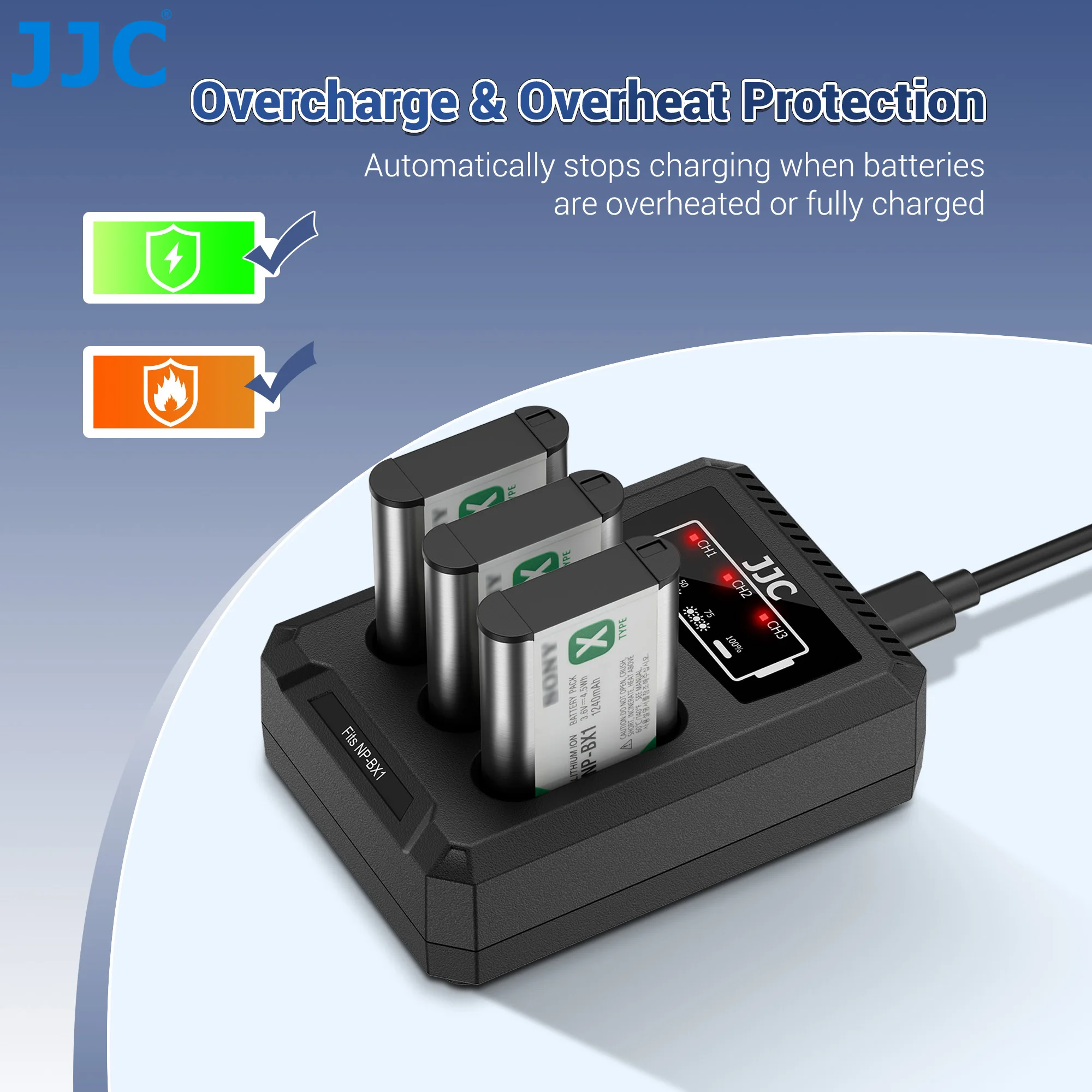 JJC NP-BX1 배터리 충전기 USB 트리플 슬롯 ( ZV-1F ZV1F ZV-1 II ZV-1 ZV1 RX100 VII VI VA V IV III II HX80 HX90 HX90V HX99 호환)