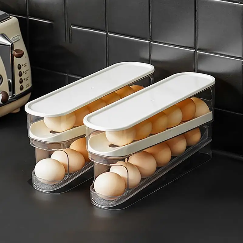 

Egg Holder Refrigerator Automatic Rolling Egg Dispenser Organizer Space-Saving Clear Kitchen Egg Dispenser Bin Tray Stackable