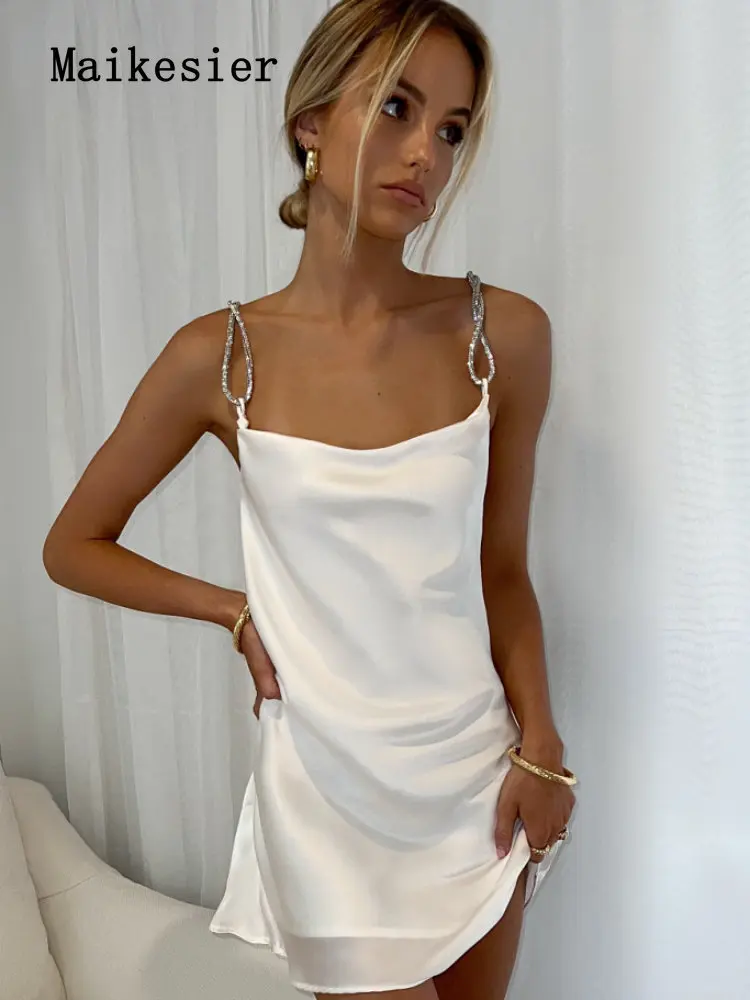 

Sleeveless Suspender Collar Fashion Solid Color Sexy Backless Spring Summer Women's Dress Women Clothing Short Dresses Satin Top