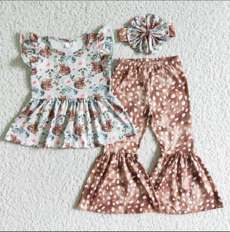 

New Arrivals Fall Fashion Girls Fawn Short Sleeve Brown White Dot Pants Bow Set Baby Fall Wholesale Boutique Children Outfit