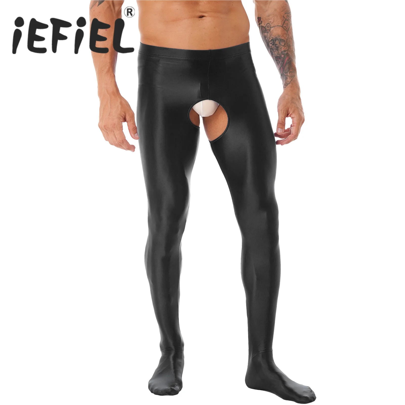 Mens Glossy Exotic Pants Crotchless Pantyhose High Waist Oil Shiny Tight Leggings Elastic Waistband Stockings Lingerie Nightwear