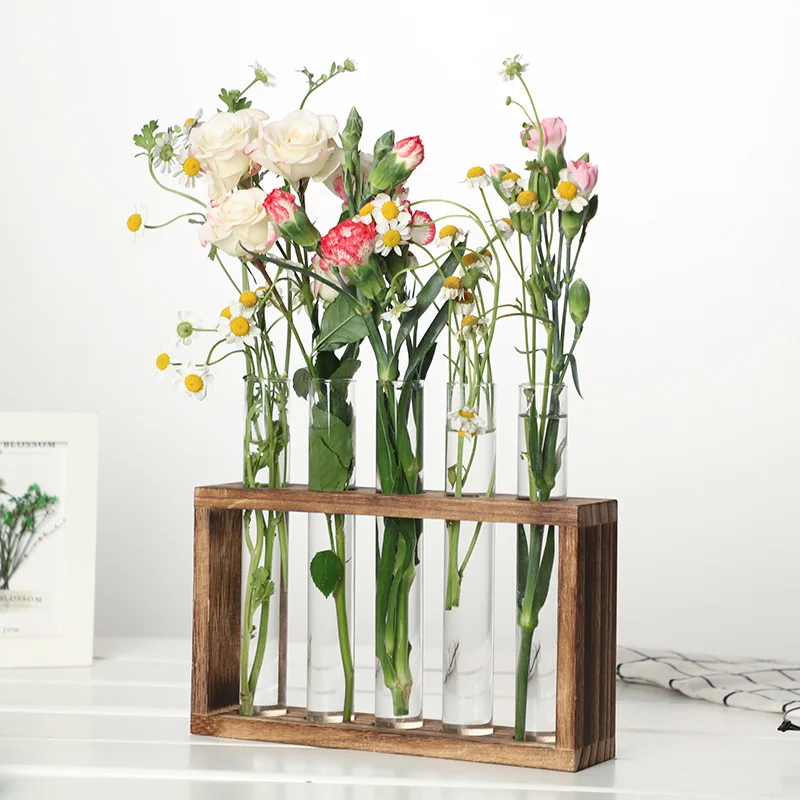 NOVESIXT-Terrario para plantas con soporte de madera, estante para jarrón de tubo de ensayo, estación de propagación de plantas