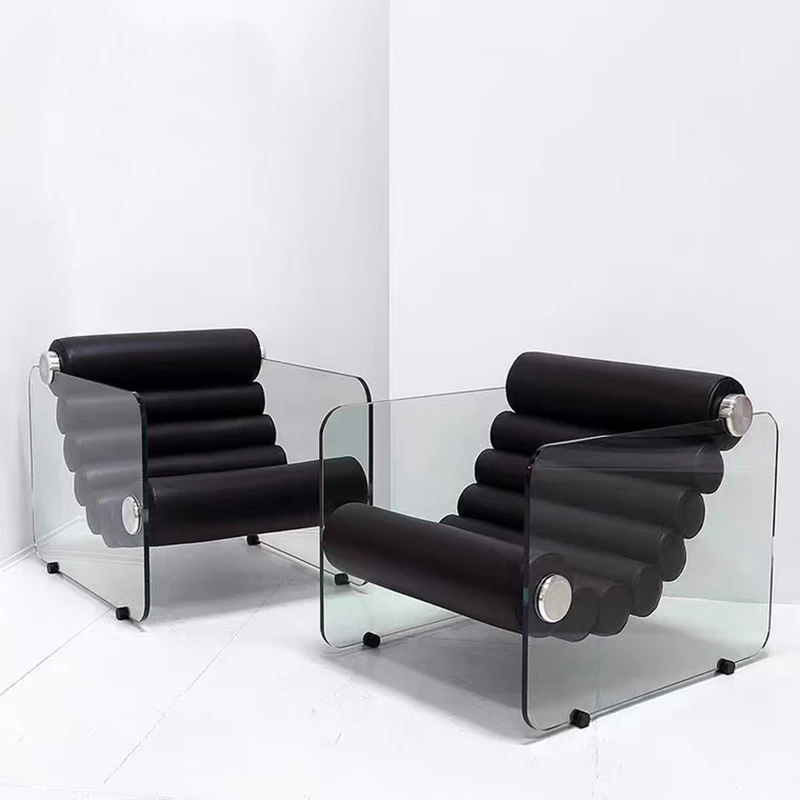 

Italian minimalist transparent acrylic casual single chair designer's creative tempered glass irregular mesh red lounge chair