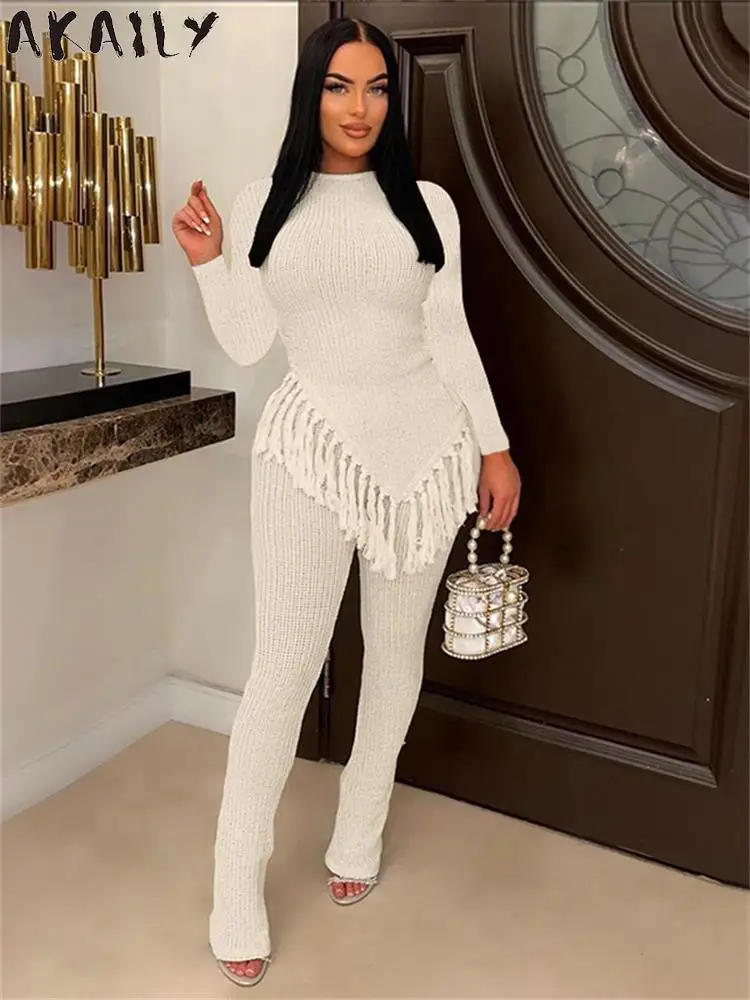 

Akaily осенний Модный черный комплект из двух предметов брюки повседневный наряд для женщин 2023 короткий топ с длинным рукавом с кисточками брюки с высокой талией наборы