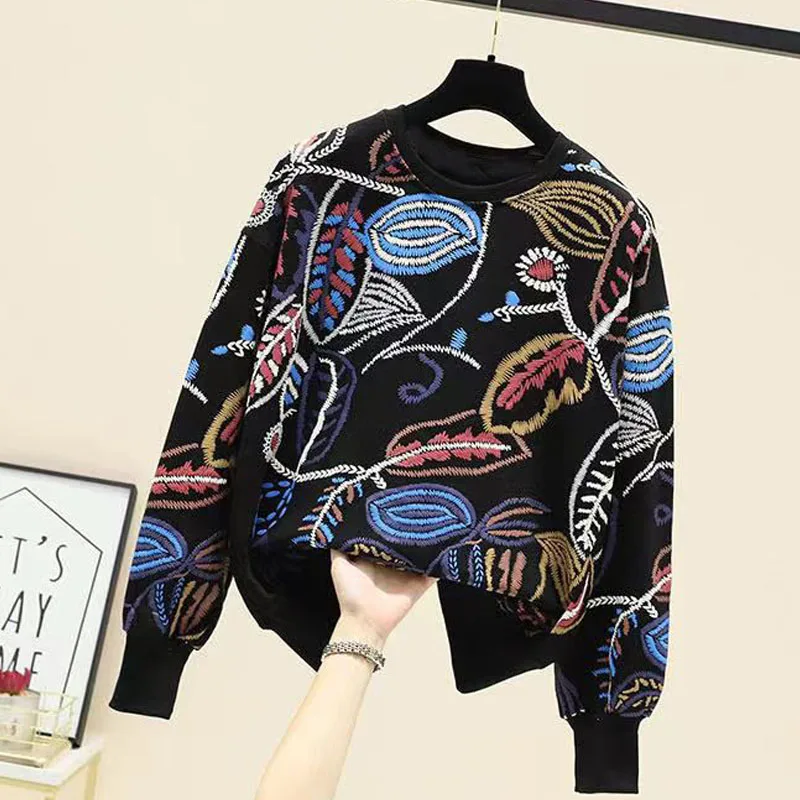 New Autumn Fashion Korean Edition Printing Loose and Versatile Slim Round Neck Large Foreign Women's Long Sleeve Casual Sweater