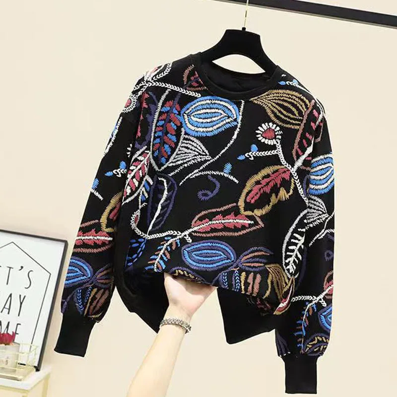 

New Autumn Fashion Korean Edition Printing Loose and Versatile Slim Round Neck Large Foreign Women's Long Sleeve Casual Sweater