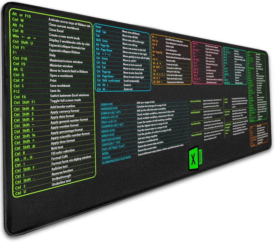 Tappetino Da Scrivania XL Con Scorciatoie Excel – 80x30 Cm, Base Antiscivolo, Impermeabile – Regalo Per Impiegati E Studenti