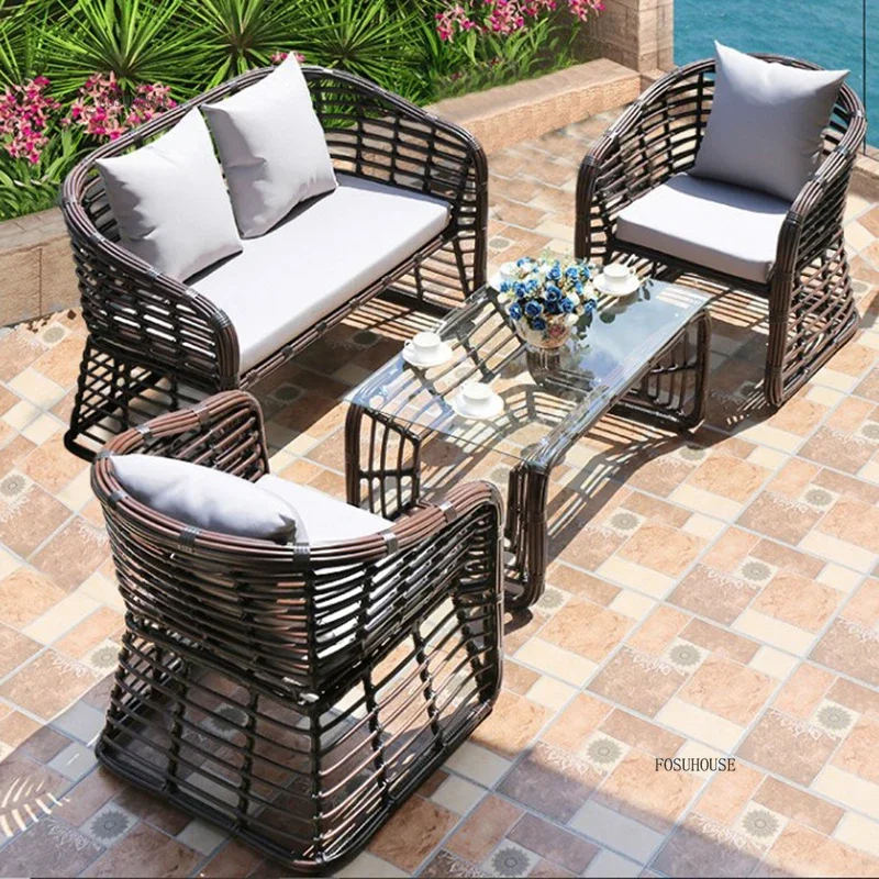 European PE Rattan Outdoor Sofa Leisure Courtyard Hotel Cafe Sofa Chair Outdoor Furniture Waterproof Balcony Garden Chair F