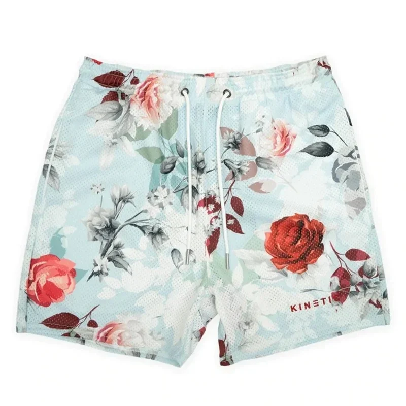 Summer New Men's Shorts Rose Design Casual Shorts Street Hip Hop Fitness Quick Dry Mesh Fabric Breathable Embroidered Shorts 3