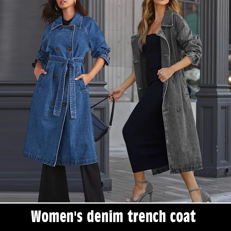 2024 New Women's Denim Long Coat Autumn Winter Fashion Denim Trench Cardigan Jacket Tops European American Street Trend Clothing