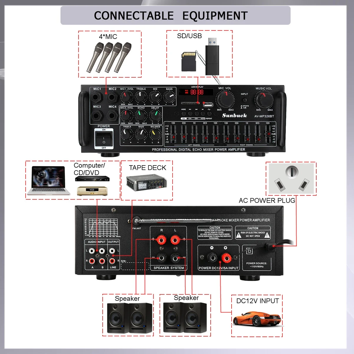 6188BT 블루투스 오디오 앰프 12V 220V 326BT 디지털 스테레오 앰프 마이크 입력 USB SD FM AUX 지원 가정용 차량용