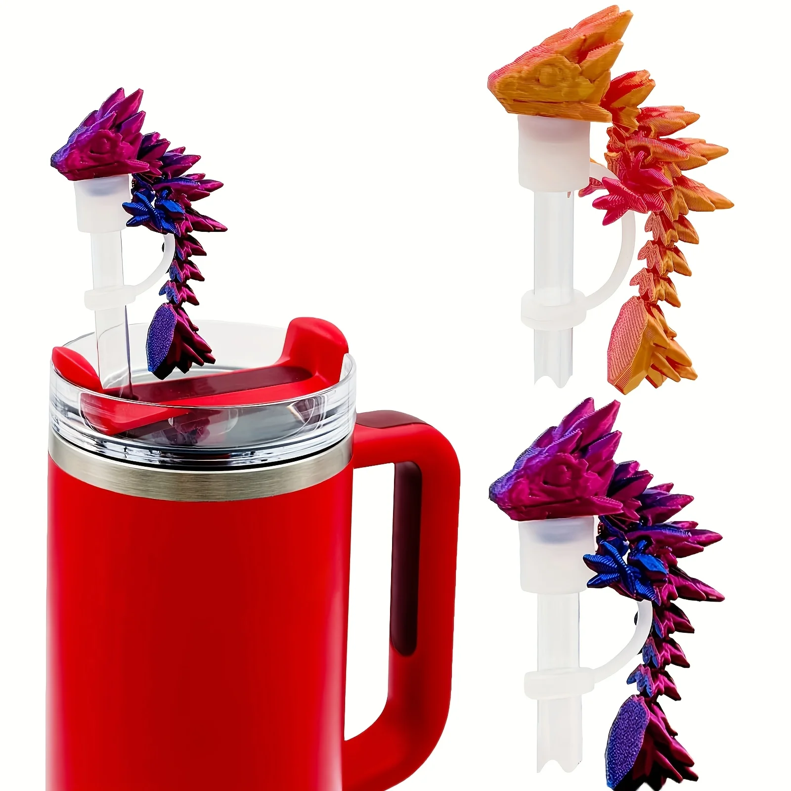 Dragon-Shaped Straw Caps, Suitable for 30 And 40-Ounce Straw Cups, Silicone Straw Tops Covered, Featuring 3D Printed Dragons