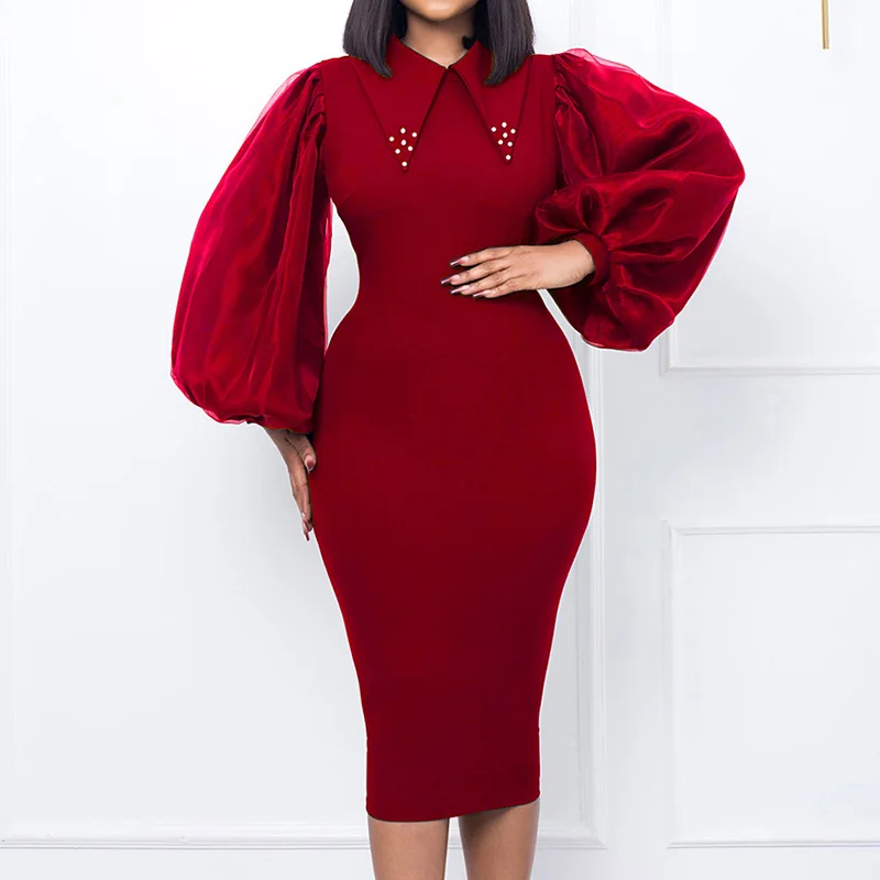 Autumn Net Yarn Patchwork Long Sleeve Nail Bead Solid Bag Hip Plus Size Dress for Women Doll Collar Slim Pullover Pencil Skirt