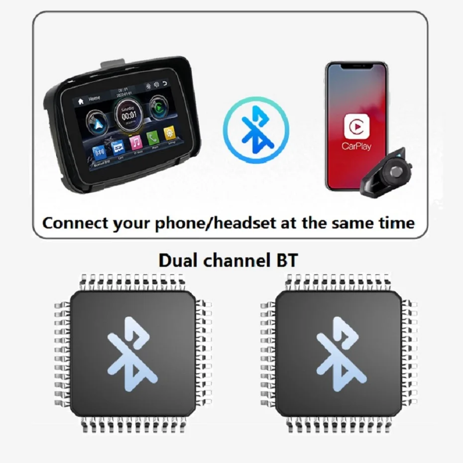 IPX7 Waterproof Motorcycle Multimedia Player GPS Navigation 5inch Display Screen Wireless Apple Carplay Android Auto WiFi USB BT
