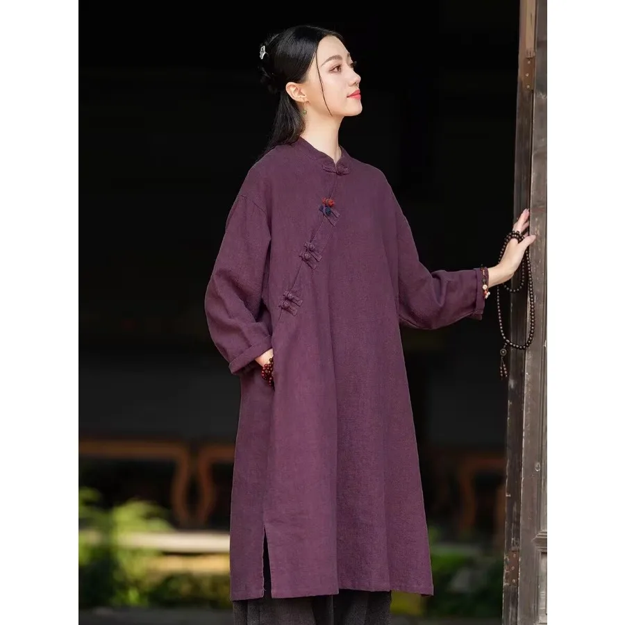 Chinese Style Cotton Linen Dress Autumn Buddhist Zen Clothing Layperson Clothing Diagonal Placket Buckle Robe Retro Cheongsam