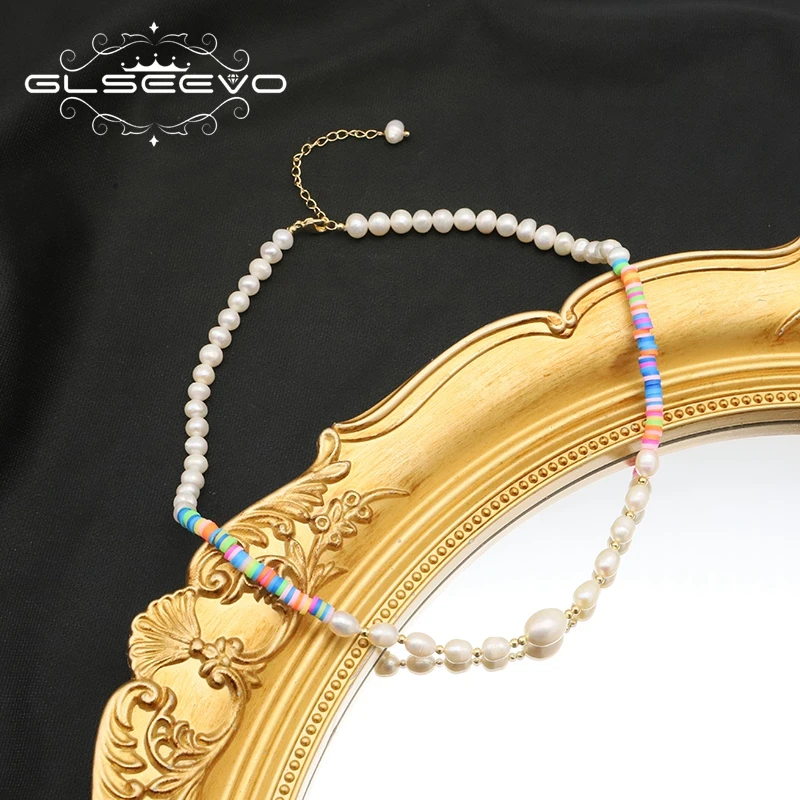 GLSEEVO 여성용 천연 담수 진주, 부드러운 도자기 목걸이, 컬러 클레이 비즈 초커, 보헤미안 목걸이, 비치 팜므 쥬얼리