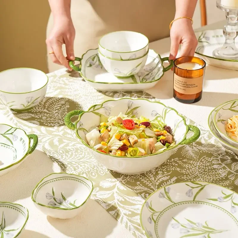 Light Purple Tulip Ceramic Tableware,Household Underglaze Color Dish Set,Romantic Color Kitchen Utensils,Safe Craftsmanship