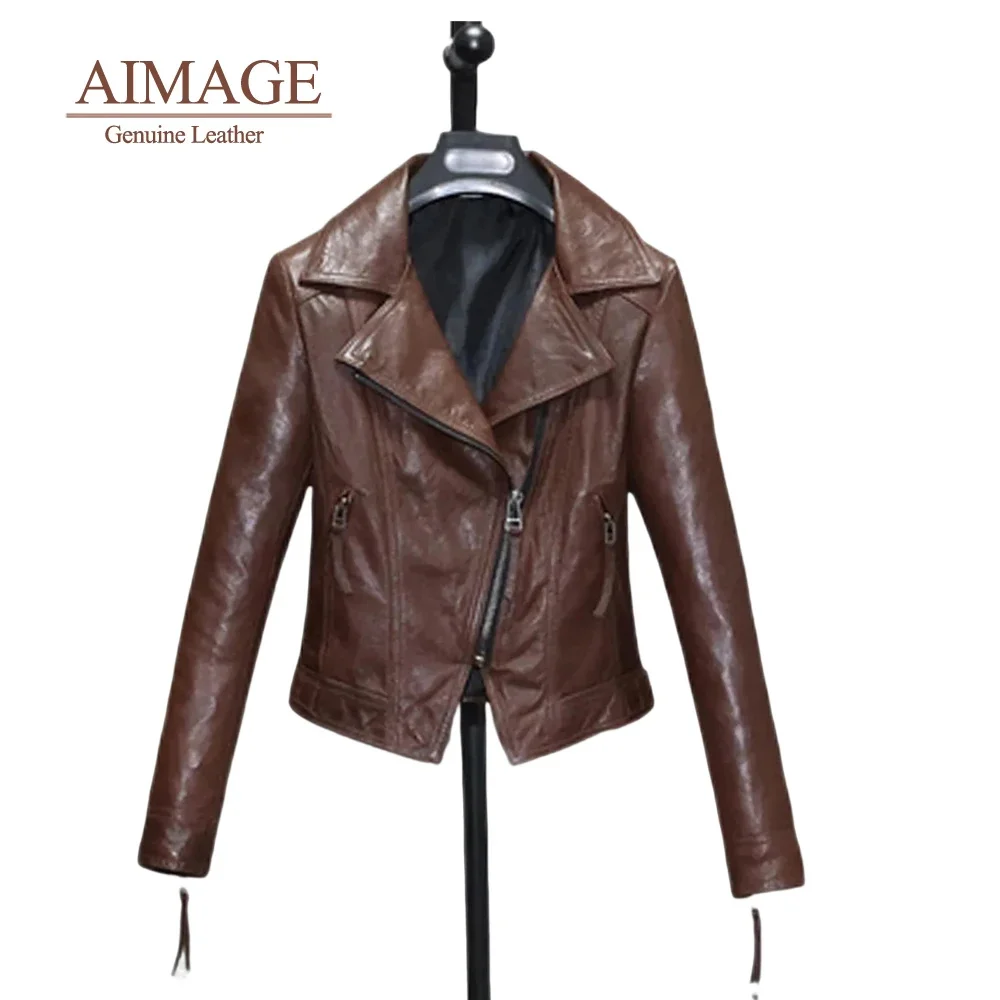 

Top Sheepskin Leather Jackets Long Sleeve Short Chaqueta De Cuero Mujer Vintage Moto Overcoats Soft Oblique Zipper Design PY449