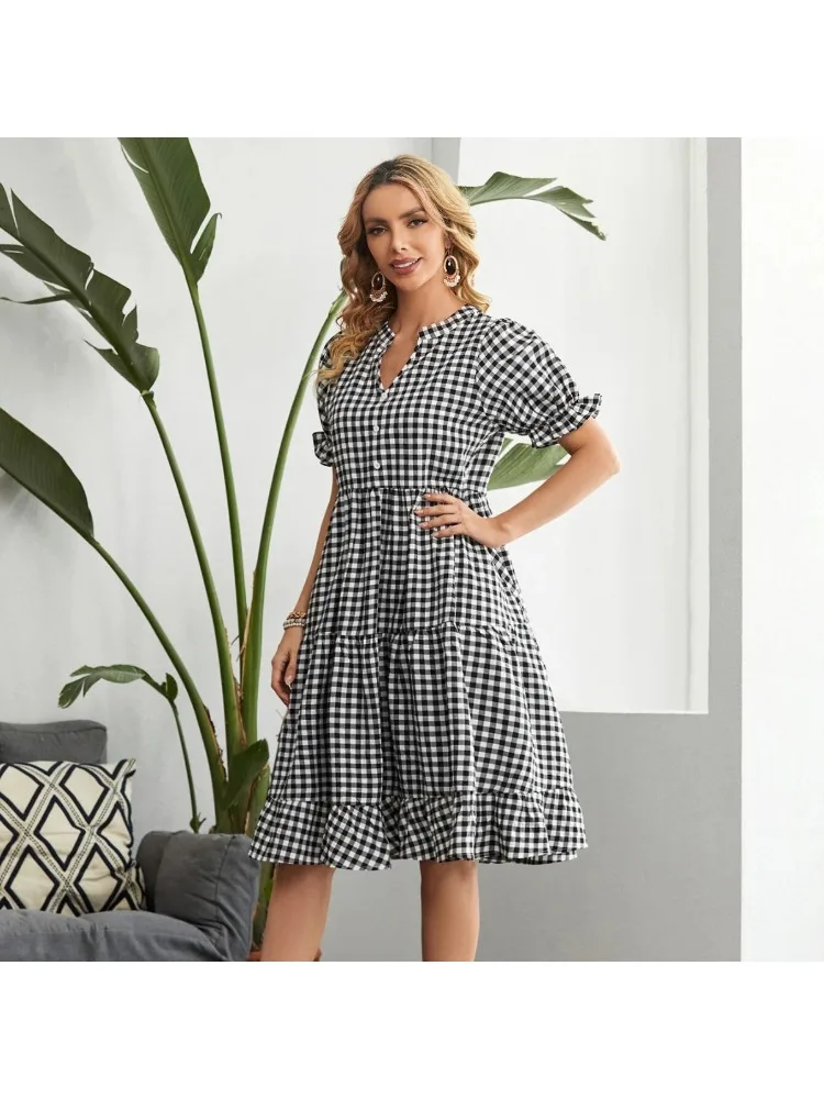 Causal Plaid V-neck Short Sleeve A-line Summer Dress 2024 New Fashion Loose Flounce Mini Dresses Female Beach Dress Women's Wear