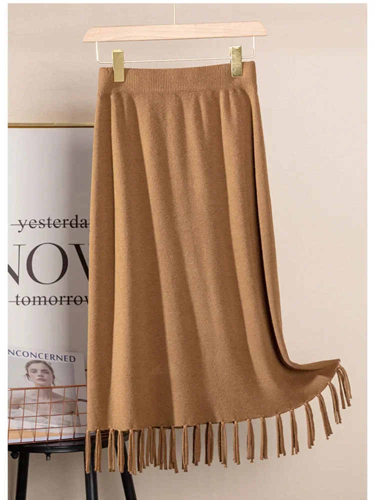 

Women Autumn Skirt Korean Tassel Halfskin New High Waist Versatile Mid Length A-line Hip Wrap Fashionable Knitted Skirt D5445