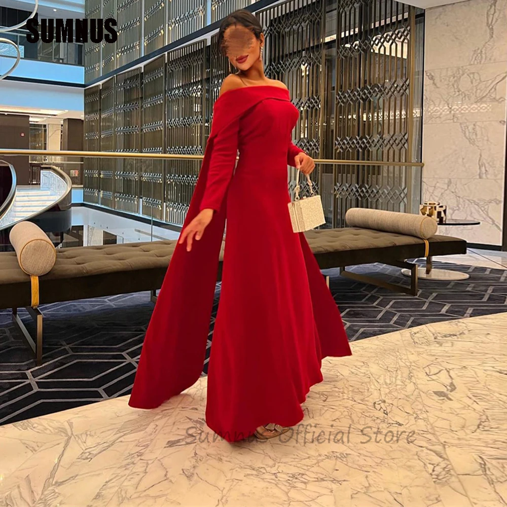 

SUMNUS Red Matte Satin Arabic Prom Dresses Long Sleeves Dubai Sheath Formal Special Party Gowns Evening Dress Women Sexy Outfits