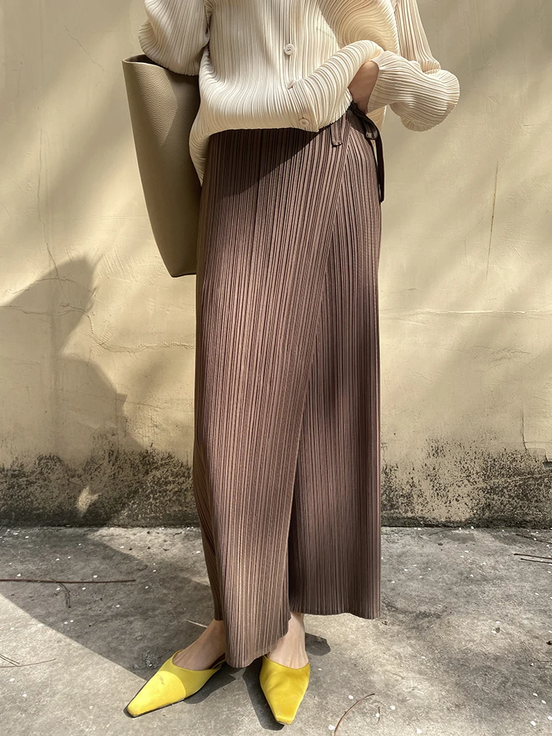 Miyake Pleats Two Piece Belt Pant Skirt Women 2023 Summer New Designer  Korean Style Simple New Fashion Pleated Straight Leg Pant - AliExpress