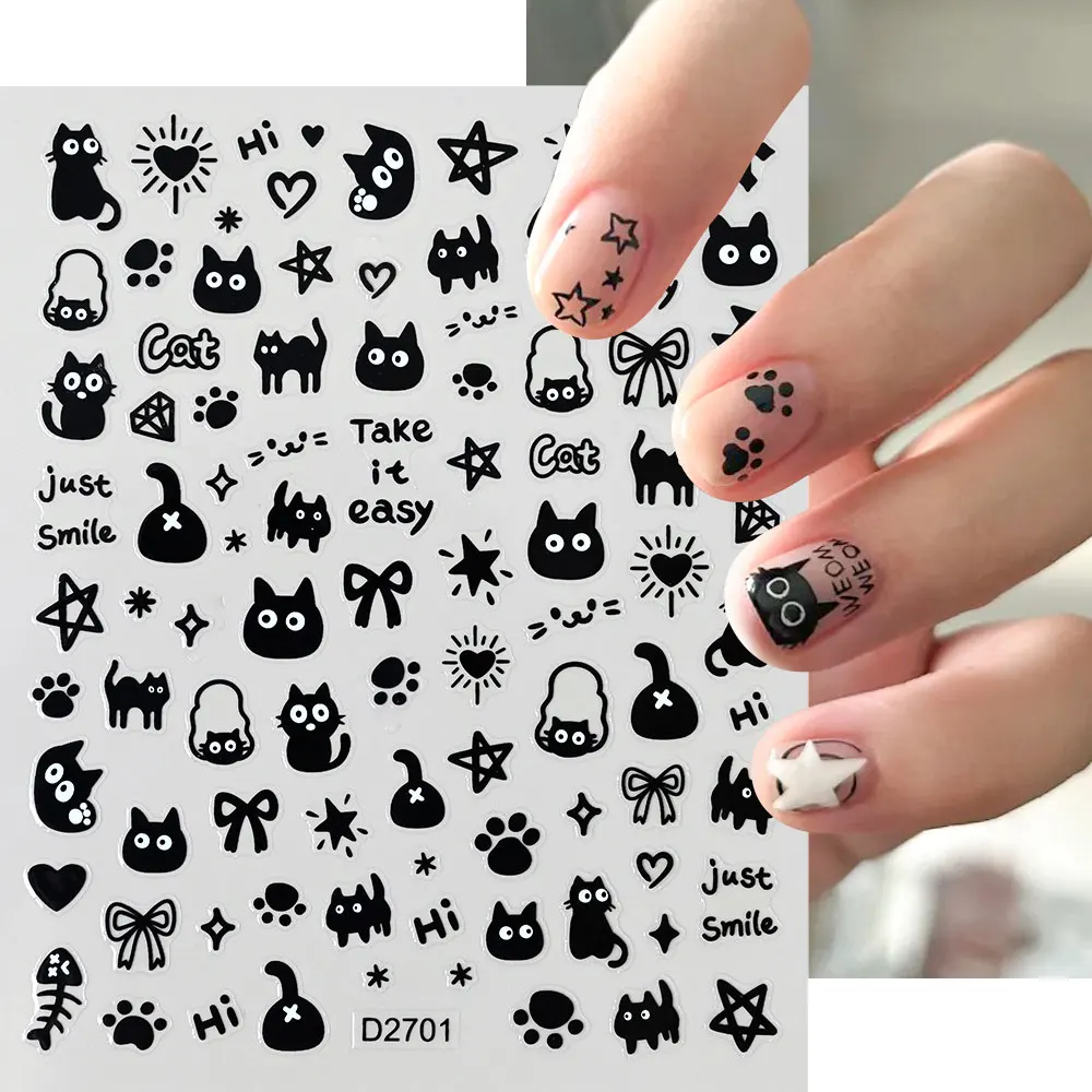 3D Cute Cartoon Black Cat Nail Stickers Funny Cat Paw/Bowtie Self-Adhesive Nail Art Decals Manicure Accessories DIY 8*1 4pcs/set nail stickers,nail art tools,nail art decoration,nail decals