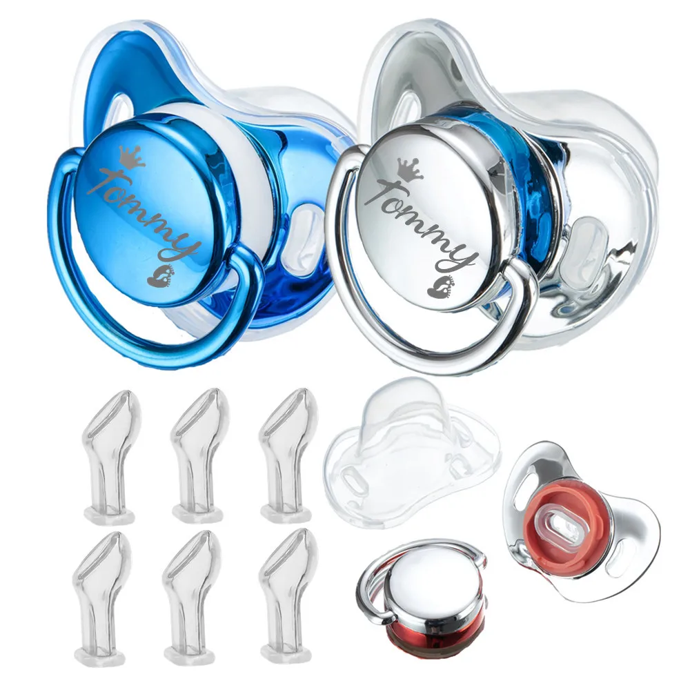 

Miyocar Custom Blue Silver Pacifier(2pcs) with Name Bring 6 Replacement Teat Include All Size for Boy Girl Baby Shower Gift