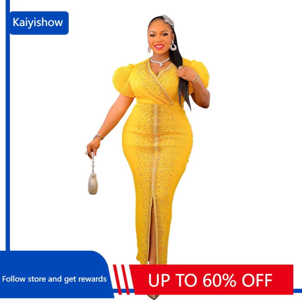 

Puff Sleeve Birthday Party Prom Rhinestone Slit Dress Long Luxury Elegant Women Night Club Wedding Evening Sexy Bodycon Dresses