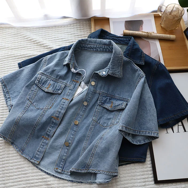 

Fashion Coat Women Summer Korean Denim Coats Women's Retro Blue Short Sleeved Short Jean Jacket