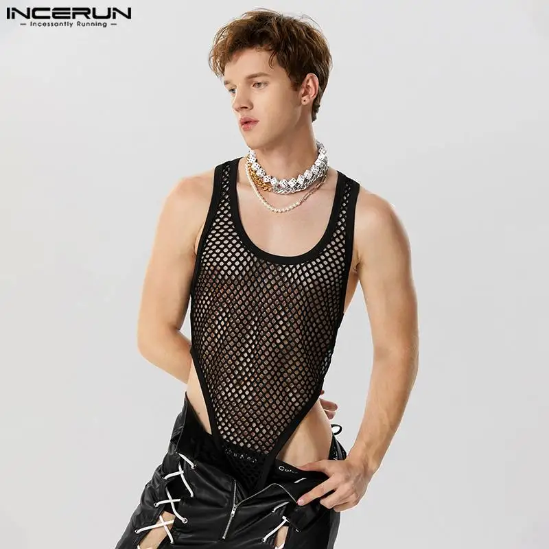 

INCERUN Men Bodysuits Mesh Patchwork O-neck Sleeveless Transparent Sexy Tank Tops Men 2023 Fitness Streetwear Bodysuit S-5XL