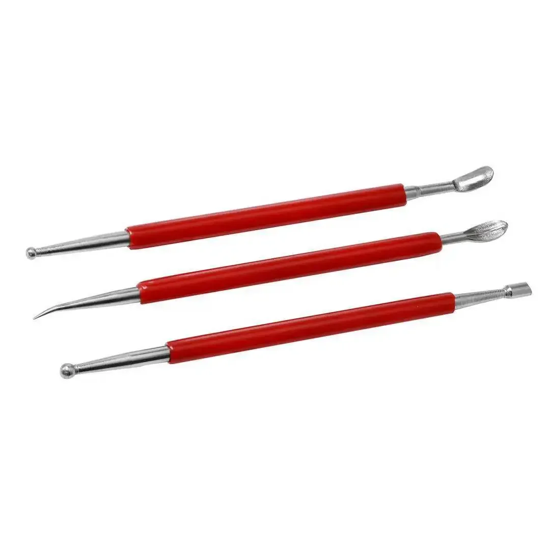 Set De 3 Outils En Acier Inoxydable Pour Travailler Le Cuir - Presse, Frottoir Et Sculpteur - Rouge Et Argent