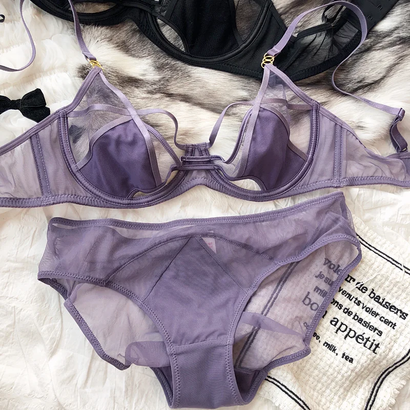 Sexy Hollow Lingerie Set French Ultra Thin Women Bra Summer Breathable Purple Plus Size 95CD Cup Underwear Push Up Brassiere
