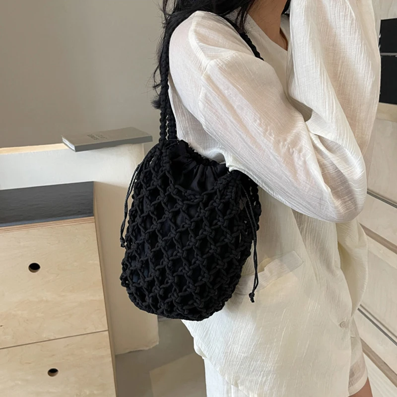 Ladies Summer Bucket Shoulder Bag Phone Purse Handmade Hollow Out Cotton Rope Crochet Bag Small Handbag For Women