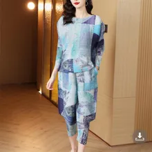 

2022 Miyak Pleated Print Two Piece Set Women Long Sleeve Loose Tops + Cropped Trousers Spring Vintage Casual Clothes Set women
