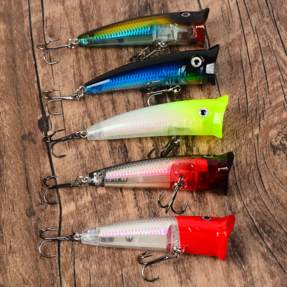 5pcs Popper Fishing Lure Topwater Crankbait Hard Bait Lures Treble Hooks
