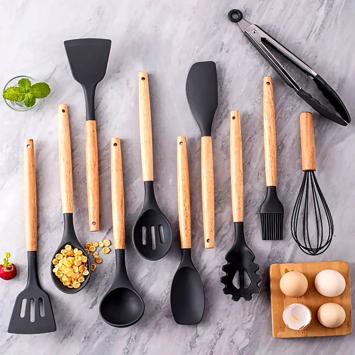 Silicone Kitchen Utensils With Storage Wooden Handle Bucket High Temperature Resistant And Non Stick Pot Spatula Spoon 12Pcs/Set silicone kitchen utensils