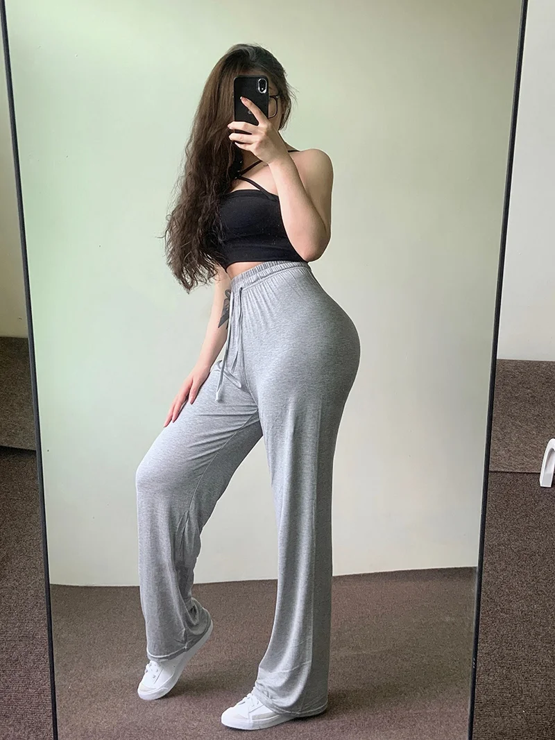 Women Spring Summer Thin Modal Wide Leg Pants Elastic Drawstring Stretch Drape Gray High Waist Casual Pants Dance Fitness Pants