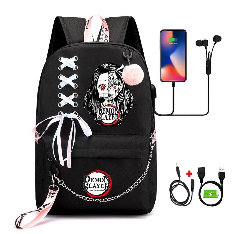 대용량 USB 노트북 가방, 캔버스 백 투 스쿨 배낭, 여학생 및 아동용 귀여운 선물, 애니메이션 악마 레이어 배낭